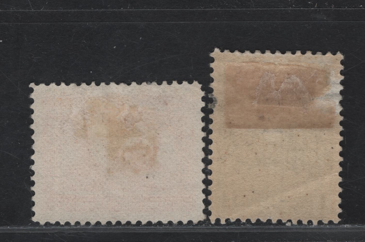 Lot 261 (C) Newfoundland #64, 67 4c - 8c Olive Green - Orange Caribou Hunting - Fishing, 1897 Discovery of Newfoundland Issue, 2 VGOG & Very Fine Unused Singles, Papers ABNN-A & E, Perfs 12 & 11.9x12, 4c Has A Hinge Thin And A Gum Crease.