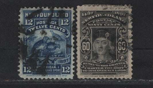 Lot 262 (C) Newfoundland #69, 74 12c - 60c Dark Blue - Black Willow Ptarmigan - King Henry VII, 1897 Discovery of Newfoundland Issue, 2 Fine/Very Fine Used Singles, Papers ABNN-F & G, Perf 12x11.9, 60c Has A Shallow Hinge Thin.