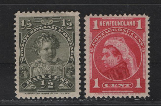 Lot 264 (C) Newfoundland #78-79 1/2c - 1c Olive Green - Carmine Rose King Edward VII - Queen Victoria, 1897-1901 Royal Family Issue, 2 F/VFOG Singles, Papers ABNN-H & E, Perfs 12.1x11.9 & 12x11.8