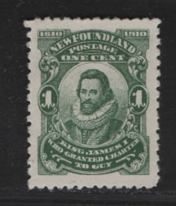 Lot 265 (C) Newfoundland #87 1c Deep Green King James I, 1910 John Guy Issue, A VFOG Single, Perf 12x11