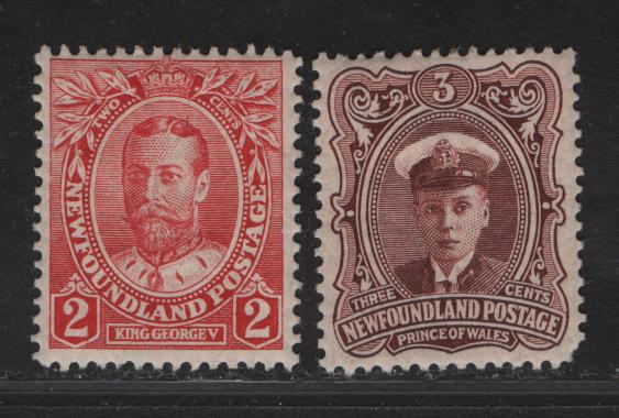 Lot 266 (C) Newfoundland #105-106 2c - 3c Carmine Red - Lake Brown Prince of Wales - Prince Albert, 1911 Royal Family Issue, 2 VFOG Singles, Line Perf 14x14.1 & Comb Perf 13.8x14.1, Paper WM-B