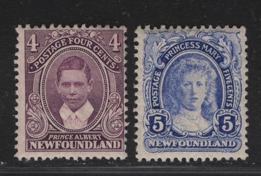 Lot 267 (C) Newfoundland #107-108 4c - 5c Violet - Ultramarine Prince Albert - Princes Mary, 1911 Royal Family Issue, 2 FOG Singles, Paper WM-B, Comb Perf 13.8x14.1