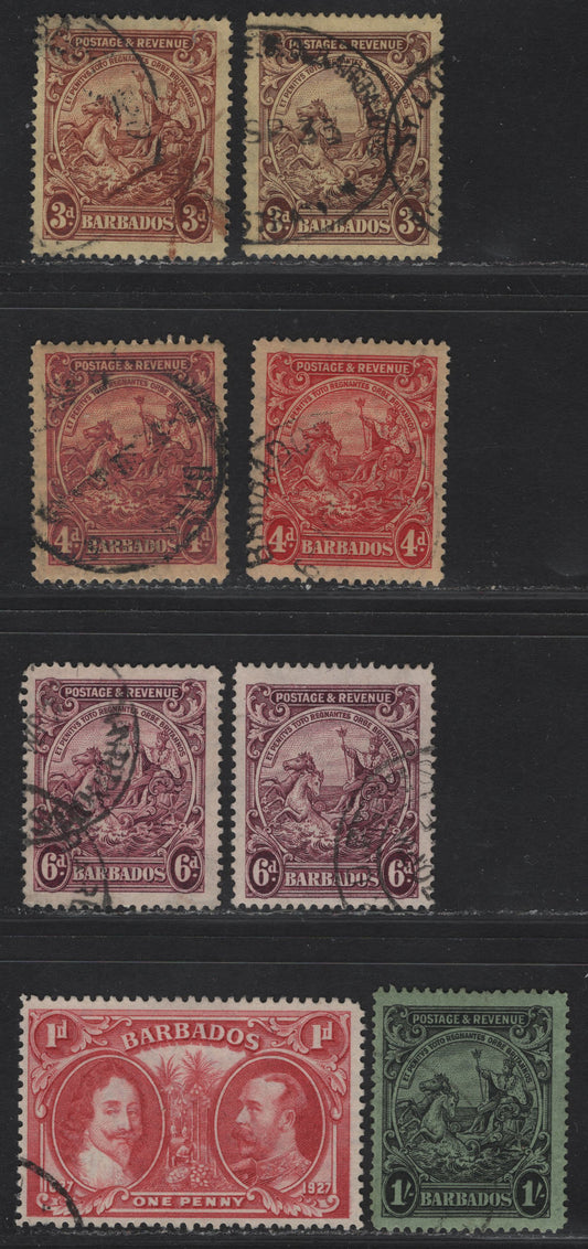 Lot 27 (C) Barbados SG#234-a, 235-237, 340 3d - 1d Purple on Pale Yellow - Carmine King George V, 1925-1935 KGV Postage & Revenue Colonial Badge Issue, 8 Fine/Very Fine Used Singles, Perf 14, Includes Both Purple & Reddish Purple Shades Of the 3d