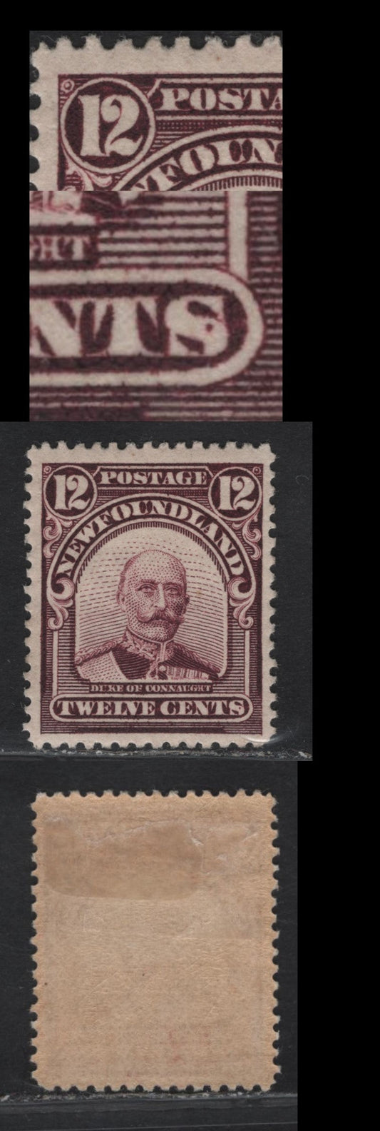 Lot 270 (C) Newfoundland #113 12c - 60c Plum Duke of Connaught, 1911 Royal Family Issue, A VFOG Single, Paper WM-D, Perf 14.2x14.1, Minor Re-Entry Of Top Frameline & Dots In 'S' of Cents.