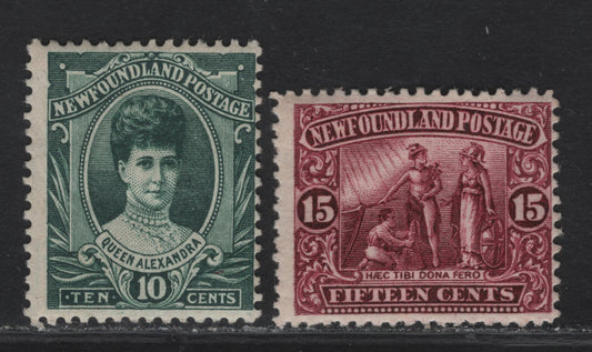 Lot 271 (C) Newfoundland #112, 114 10c - 15c Bottle Green Queen Alexandra - Colony Seal, 1911 Royal Family Issue, 2 FOG Singles, Paper WM-B (10c) Comb Perf 13.8x14, Paper WM-E (15c) Line Perf 14.1