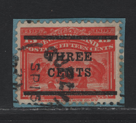 Lot 273 (C) Newfoundland #129 3c on 15c Scarlet Seals, 1920 Surcharged Issue, A Very Good Used Single, Type II, Used On Piece, Light Diagonal Crease.