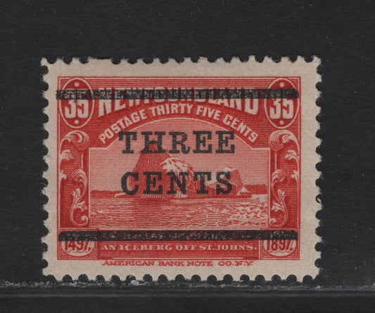 Lot 274 (C) Newfoundland #130 3c on 35c Vermillion Iceberg, 1920 Surcharged Issue, A VFOG Single, Paper ABNN-E, Perf 11.8