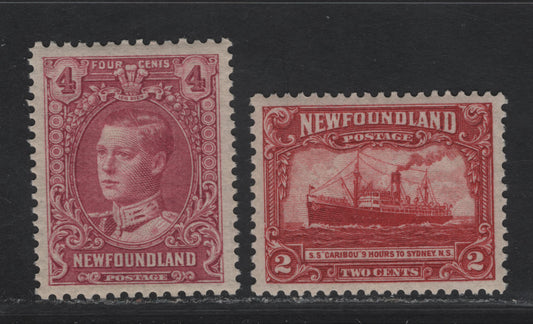 Lot 275 (C) Newfoundland #146, 148 2c - 4c Carmine - Lilac Rose Steamship Caribou - Prince of Wales, 1928 Pictorial Issue, 2 VFNH Singles, Paper WM-G Comb Perf 13.7x12.7 (2c), Paper WM-H Comb Perf 12.7x13.7 (4c)