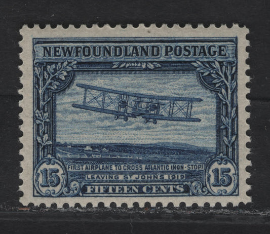 Lot 277 (C) Newfoundland #156 15c Dark Blue First Nonstop Transatlantic Flight, 1928 Pictorial Issue, A VFOG Single, Paper WM-I, Line Perf 14.1x13.8