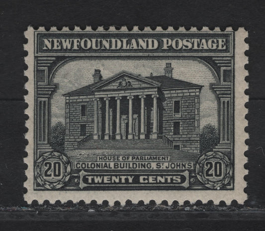 Lot 278 (C) Newfoundland #157 20c Gray Black Colonial Building, 1928 Pictorial Issue, A FOG Single, Paper WM-G Comb Perf 13.7x12.7 (2c), Comb Perf 13.6x12.75