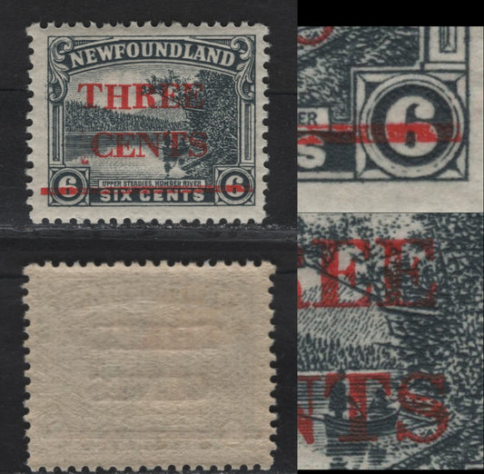 Lot 278B (C) Newfoundland #160 3c on 6c Slate Gray Humber River, 1929 Surcharge Issue, A FOG Single, Paper WM-J, Comb perf 14x13.8, Type II, Showing Re-Entry Of Upper Left Frameline & Stop Infront of 'Cents'.