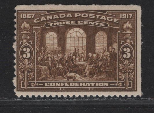 Lot 280 (C) Canada #135 3c Deep Yellowish Brown Fathers of Confederation, 1917 50th Anniv. Of Confederation Issue, A FOG Single, Paper ABN-E, Upper Right Corner Sheet Margin