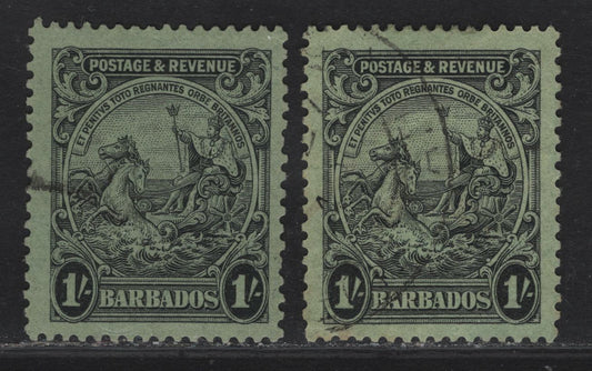 Lot 28 (C) Barbados SG#237a 1/- Black on Emerald/Yellow Green King George V, 1925-1935 KGV Postage & Revenue Colonial Badge Issue, 2 Very Fine Used Singles, Two Shades Of The Scarce Perf 13.5x12.5