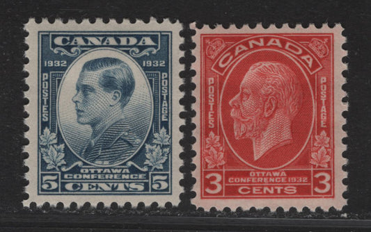 Lot 282 (C) Canada #192-193 3c - 5c Scarlet - Dull Blue King George V - Prince of Wales, 1932 Imperial Economic Conference, 2 VFOG Singles, Papers BABN-G (3c) Perf 11.1x10.9, Paper BABN-D (5c) Perf 10.8