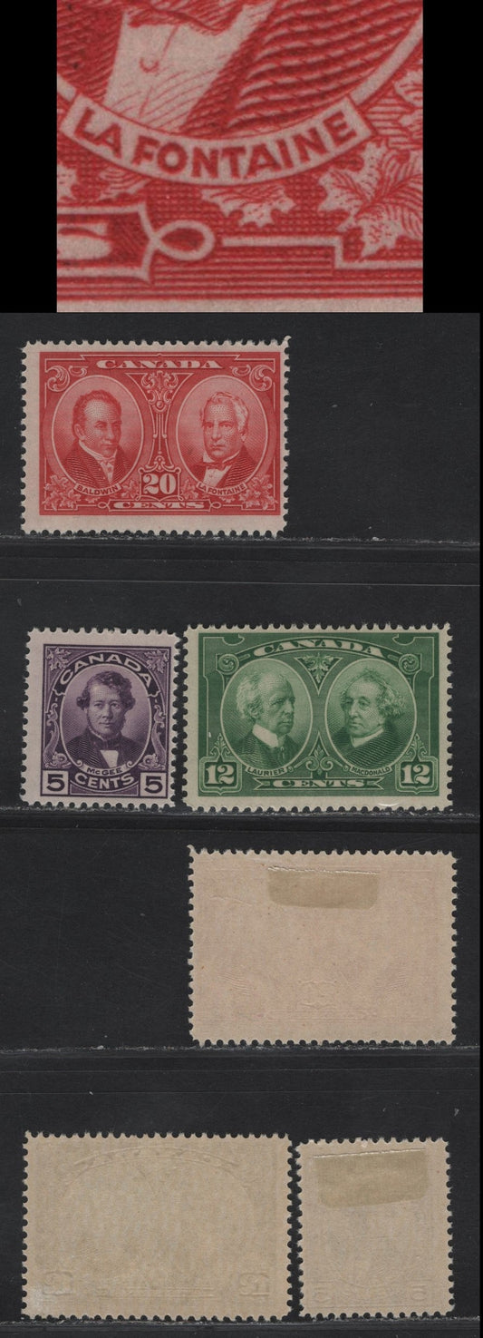 Lot 287 (C) Canada #146-148 5c - 20c Dark Purple - Carmine Red Thomas D'arcy McGee - Baldwin & Lafontaine, 1927 Historical Issue, 3 FOG Singles, Complete Set On Paper/Gum ABN-M, 20c Has A Spur On 'A' of Lafontaine