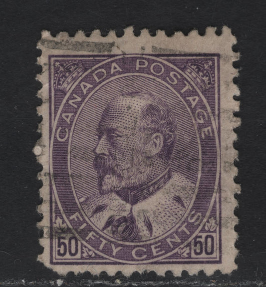 Lot 290 (C) Canada #95 50c Purple King Edward VII, 1903-1908 King Edward VII Issue, A Good Used Single, Paper ABN-B, 17.25x21.25mm, Rounded Corner.