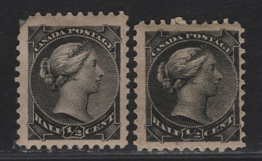 Lot 292 (C) Canada #34 1/2c Black Queen Victoria, 1870-1893 Small Queen Issue, 2 VG/FOG Singles, Late & Mid-Late Second Ottawa Printings, Papers 2O-B & 2O-F, Perf 12, Rounded Corner.