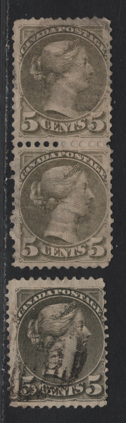 Lot 296 (C) Canada #38i, 38a 5c Deep Olive Green - Pale Olive Green Queen Victoria, 1870-1893 Small Queen Issue, 2 Good/Very Good Used Singles & Pair, Montreal Printings, Papers LM-A (Pair) and LM-M, Corner Creases.