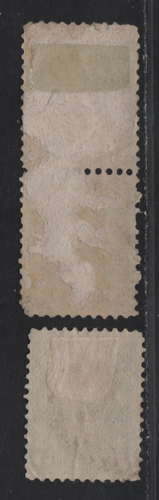 Lot 296 (C) Canada #38i, 38a 5c Deep Olive Green - Pale Olive Green Queen Victoria, 1870-1893 Small Queen Issue, 2 Good/Very Good Used Singles & Pair, Montreal Printings, Papers LM-A (Pair) and LM-M, Corner Creases.