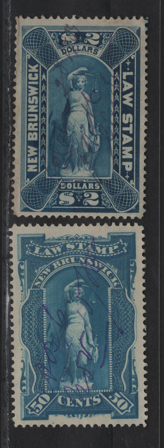 Lot 299 (C) New Brunswick #NBL3-NBL-4 $2 Blue Justice, 1884 New Brunswick Law Issue, 2 Very Fine Used Singles