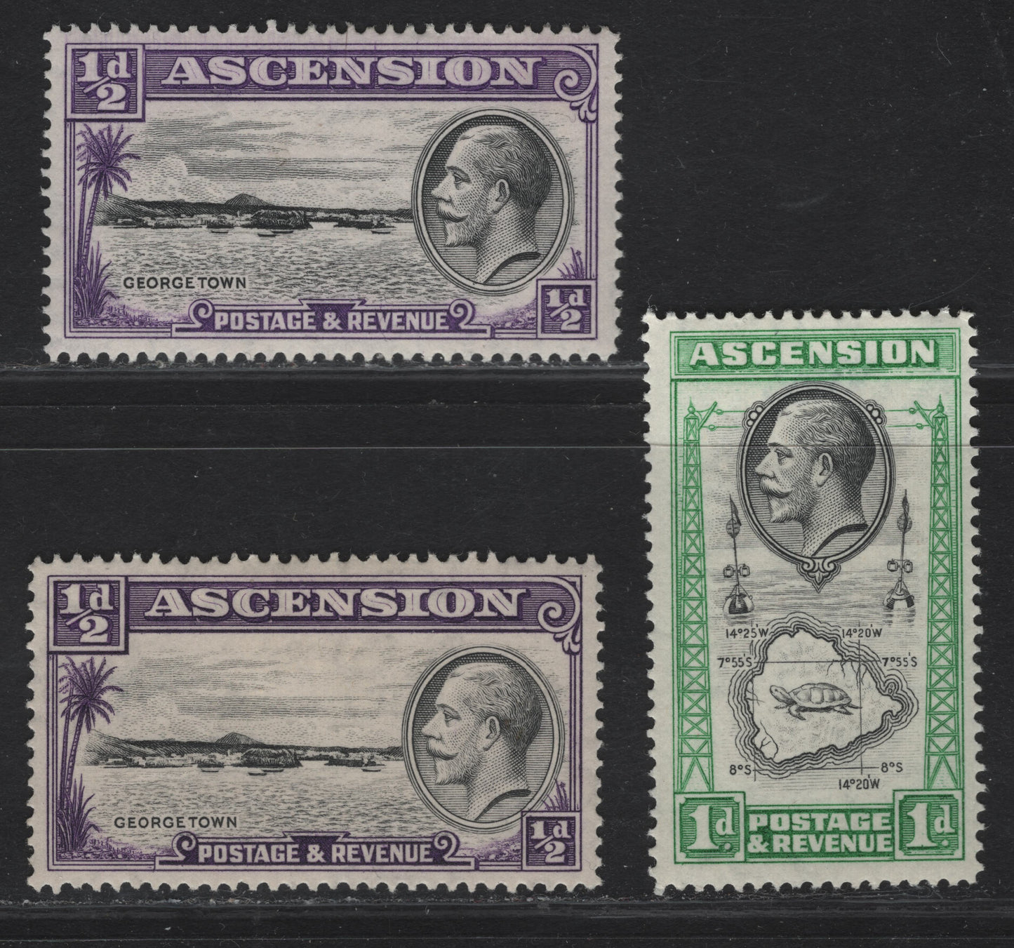 Lot 2A Ascension #21, 22 1/2d Black & Violet, 1/2d Black & Deep Violet And 1d Black & Emerald, 1934 King George V Pictorial Issue, 3 F & VF OG SIngles