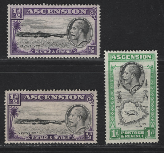 Lot 2A Ascension #21, 22 1/2d Black & Violet, 1/2d Black & Deep Violet And 1d Black & Emerald, 1934 King George V Pictorial Issue, 3 F & VF OG SIngles