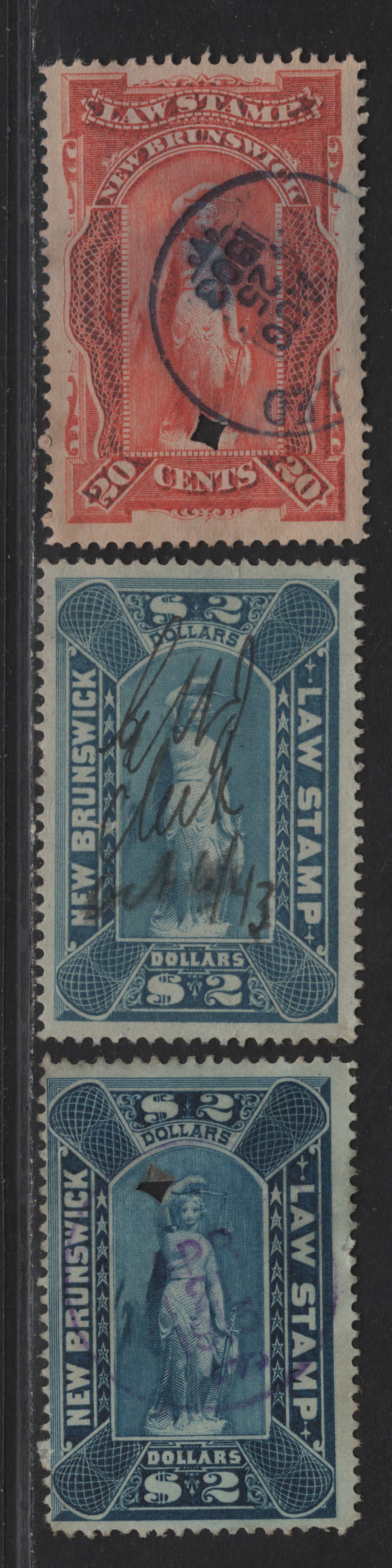 Lot 300 (C) New Brunswick #NBL-4, NBL-6 $2 - 20c Blue - Vermillion Justice, 1884-1890 New Brunswick Law Issue, 3 Fine/Very Fine Used Singles, Milky Blue Has A Small Wrinkle