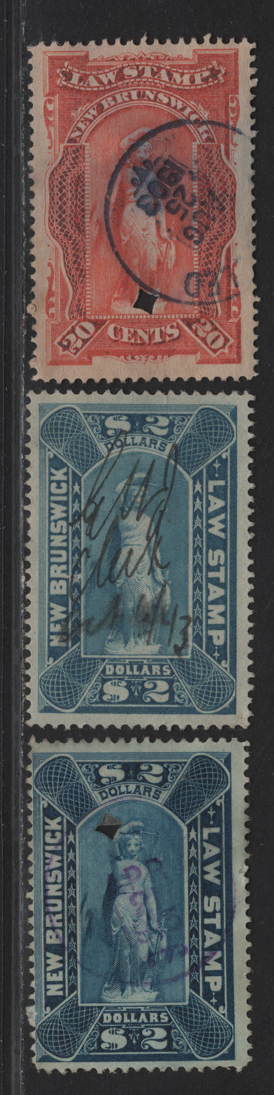 Lot 300 (C) New Brunswick #NBL-4, NBL-6 $2 - 20c Blue - Vermillion Justice, 1884-1890 New Brunswick Law Issue, 3 Fine/Very Fine Used Singles, Milky Blue Has A Small Wrinkle