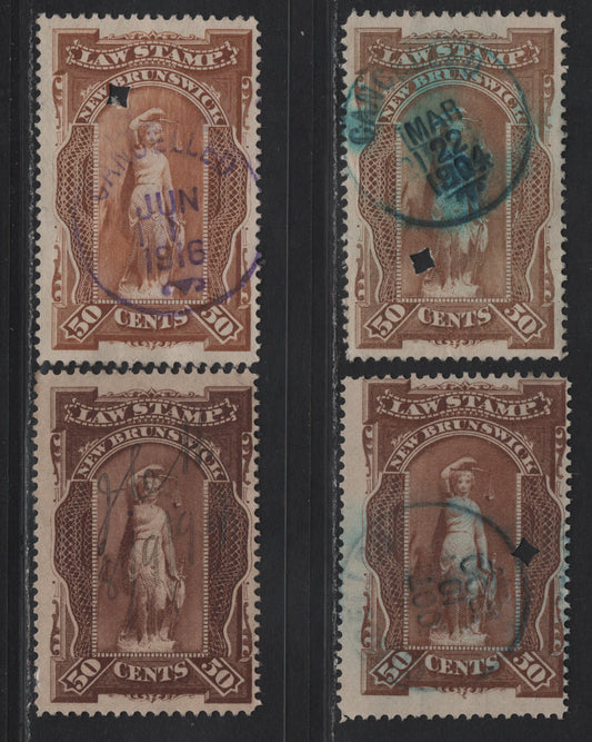 Lot 301 (C) New Brunswick #NB7L, NBL7a 50c Brown - Dull Brown Justice, 1887-1890 New Brunswick Law Issue, 4 Fine/Very Fine Used Singles