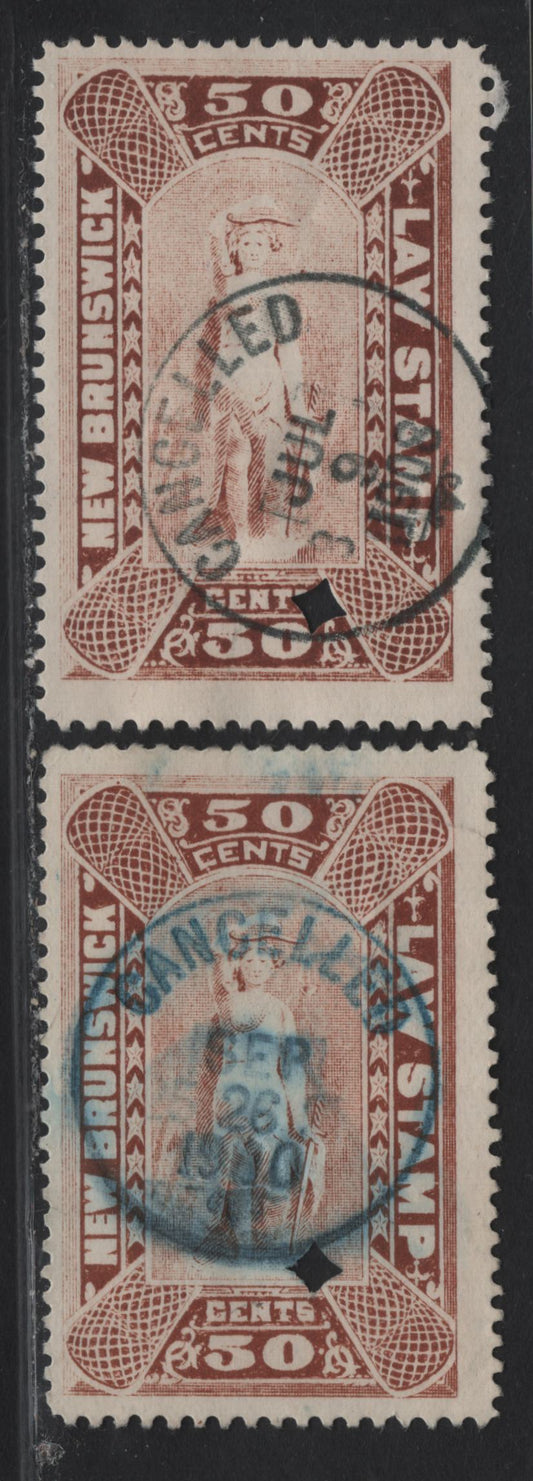 Lot 303 (C) New Brunswick #NBL10 50c Red Brown & Deep Red Brown Justice, 1890-1900 New Brunswick Law Issue, 2 Fine Used Singles