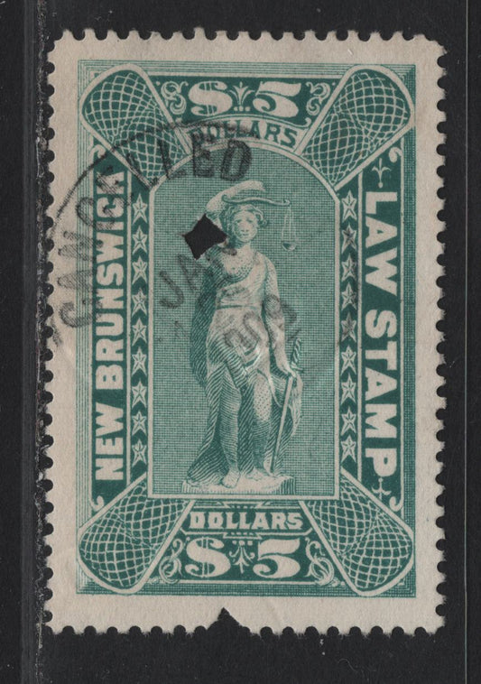 Lot 306 (C) New Brunswick #NBL12 $5 Light Green Justice, 1890-1900 New Brunswick Law Issue, A Very Fine Used Single, Nick At Base Is Part Of The Cancellation