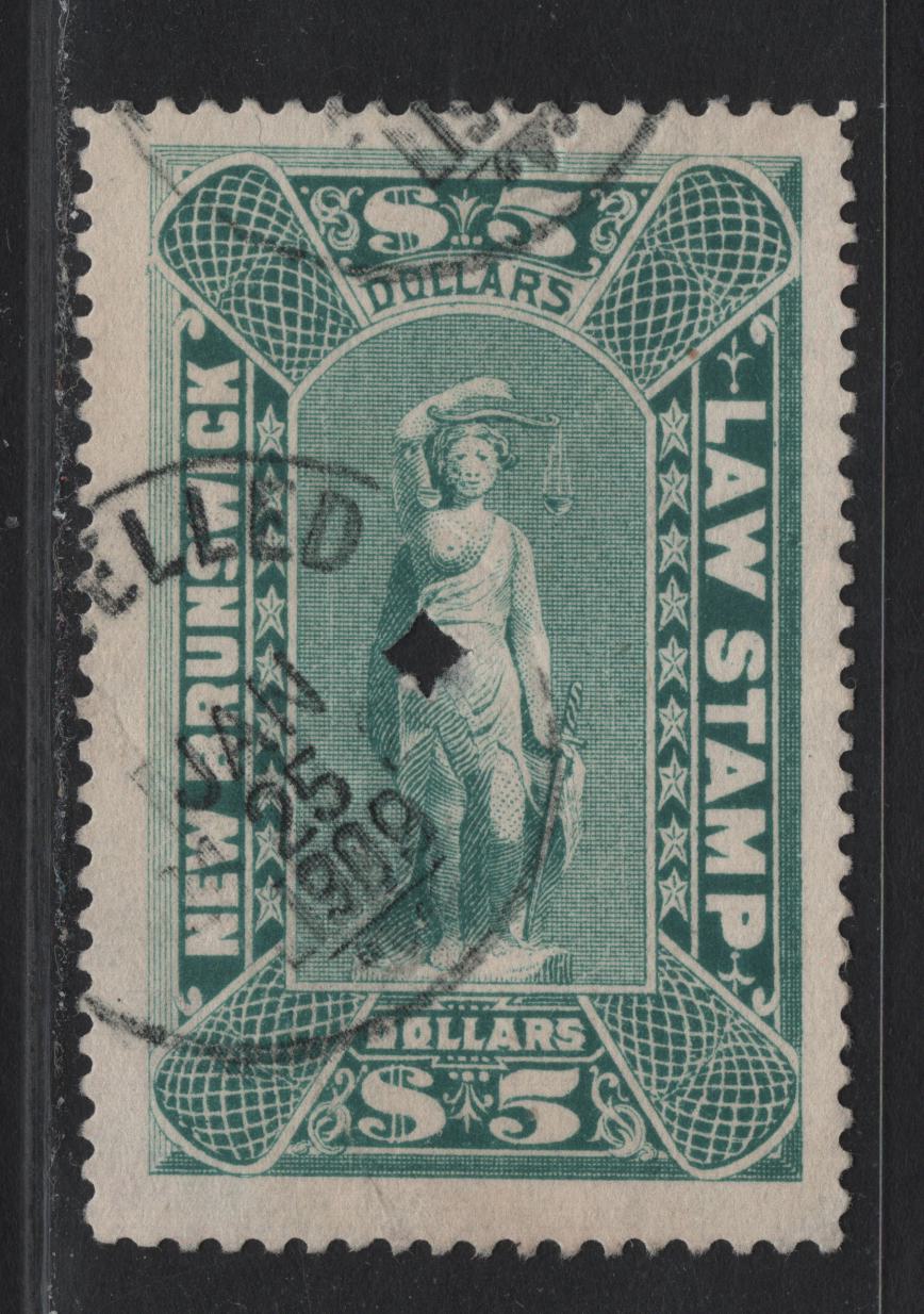 Lot 307 (C) New Brunswick #NBL12 $5 Light Green Justice, 1890-1900 New Brunswick Law Issue, A Very Fine Used Single, Intact Perfs