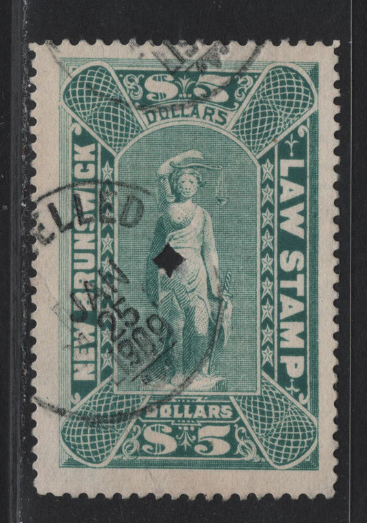 Lot 307 (C) New Brunswick #NBL12 $5 Light Green Justice, 1890-1900 New Brunswick Law Issue, A Very Fine Used Single, Intact Perfs