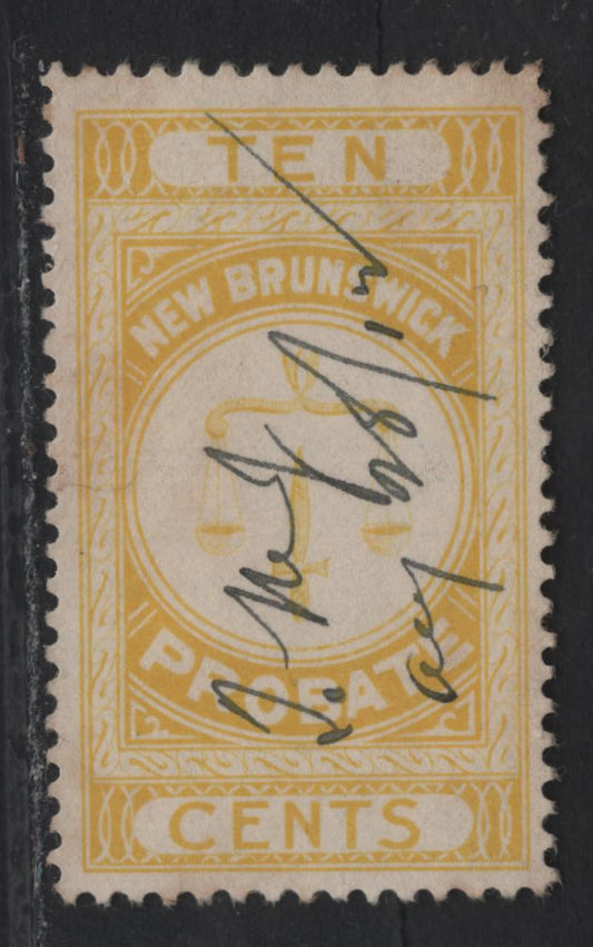 Lot 308 (C) New Brunswick #NBP1 10c Lemon Yellow Scales, 1895 First Probate Issue, A Very Fine Used Single, Showing Shading Lines Of Hilt of Dagger Running Upward From Left To Right