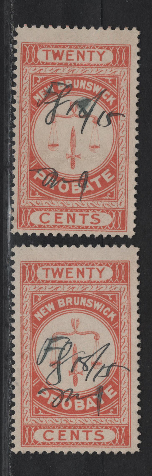 Lot 309 (C) New Brunswick #NBP2 20c Dull Vermillion Scales, 1895 First Probate Issue, 2 Very Good/Fine Used Singles, Perfs 12 & 11.75