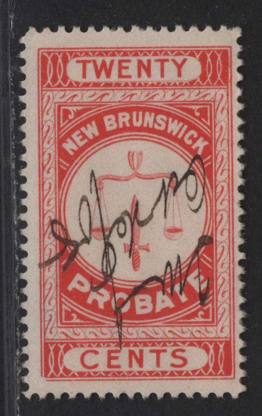 Lot 310 (C) New Brunswick #NBP2 20c Vermillion Scales, 1895 First Probate Issue, A Very Fine Used Single, Smooth Paper, Perf 11.75