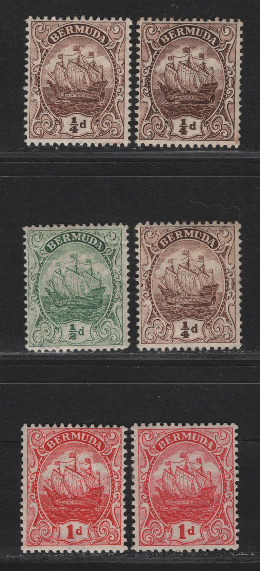 Lot 31 Bermuda SG#44-a, 45-46a 1/4d - 1d Brown - Rose Red Caravel, 1910-1925 Caravel Definitives, 6 FOG Singles, Multiple Crown CA Wmk, Comb Perf 14