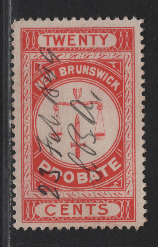 Lot 311 (C) New Brunswick #NBP2 20c Vermillion Scales, 1895 First Probate Issue, A Very Fine Used Single, Smooth Paper, Perf 12