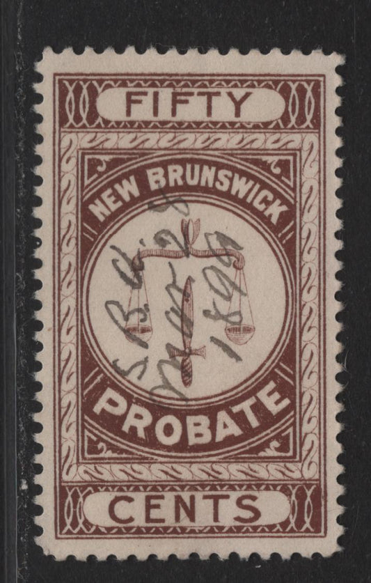 Lot 313 (C) New Brunswick #NBP3 50c Brown Scales, 1895 First Probate Issue, A Very Fine Used Single, Perf 11.75