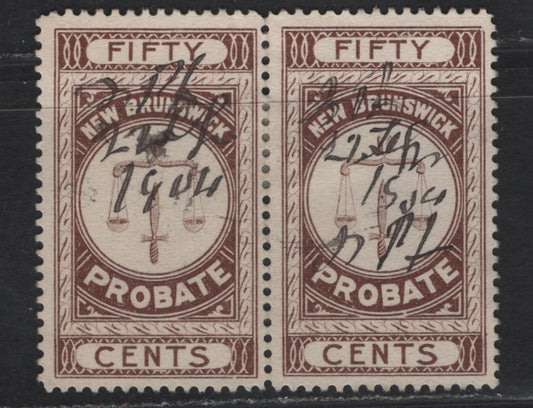 Lot 315 (C) New Brunswick #NBP3 50c Brown Scales, 1895 First Probate Issue, A Very Fine Used Pair, Perf 12, Showing Constant Frame Break Below 'BA' of Probate