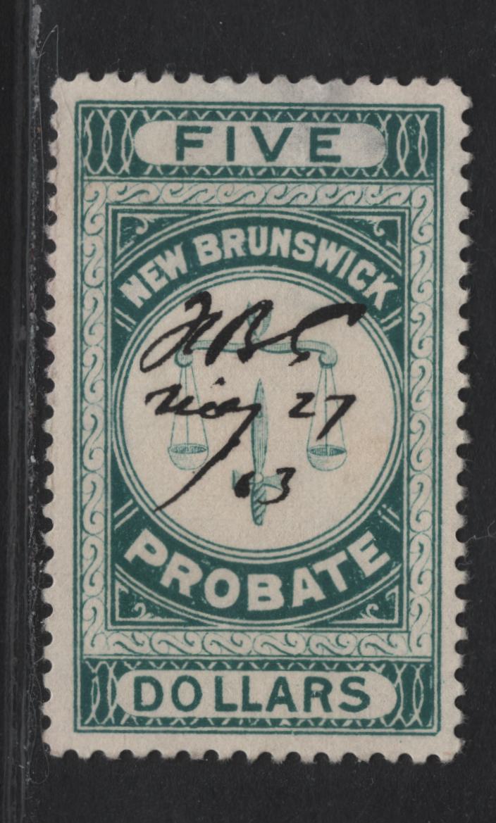 Lot 317 (C) New Brunswick #NBP5 $5 Green Scales, 1895 First Probate Issue, A Very Fine Used Single, Perf 11.75