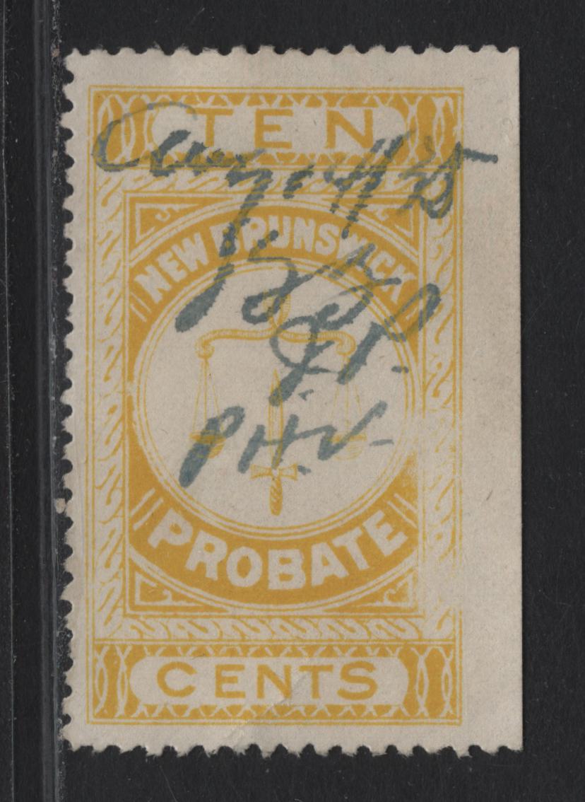 Lot 319 (C) New Brunswick #NBP7 10c Yellow Scales, 1915 Redrawn Probate Issue, A Fine Used Single, Lines In Hilt of Dagger Run Downward From Left To Right, Right Side Sheet Single, Perf 11.75, Weak Entry In Right Frame, Small Internal Crease.