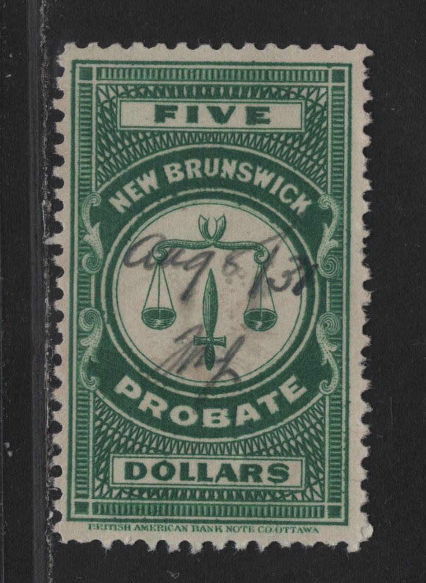 Lot 321 (C) New Brunswick #NBP13 $5 Green Scales, 1925 BABN Probate Issue, A Fine Used Single