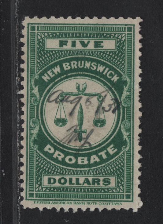 Lot 321 (C) New Brunswick #NBP13 $5 Green Scales, 1925 BABN Probate Issue, A Fine Used Single