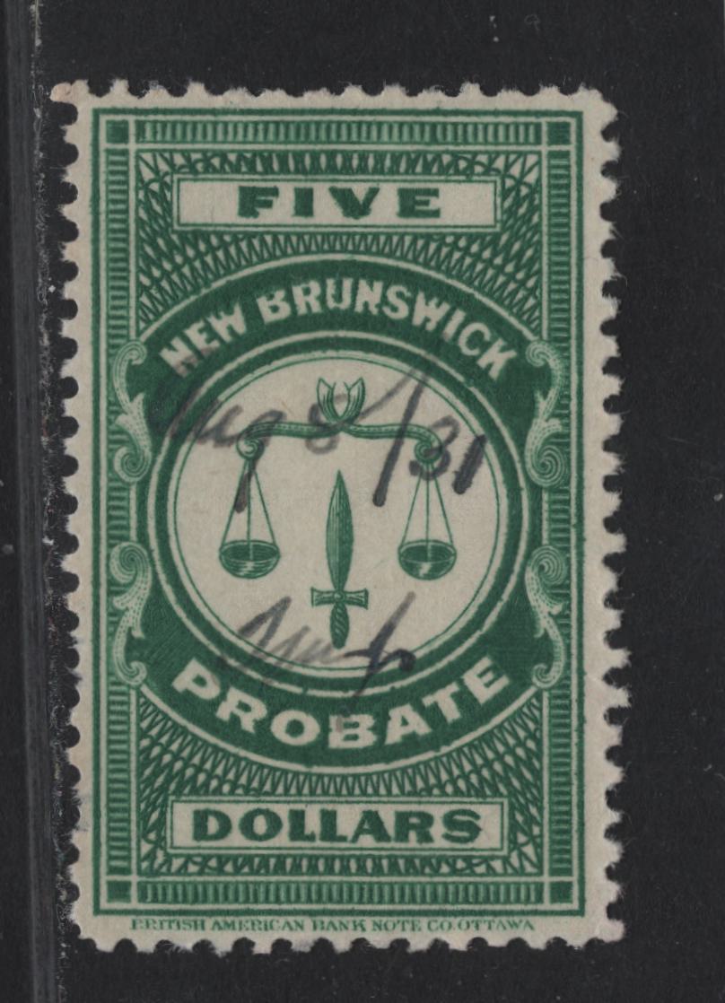 Lot 322 (C) New Brunswick #NBP13 $5 Green Scales, 1925 BABN Probate Issue, A Fine Used Single