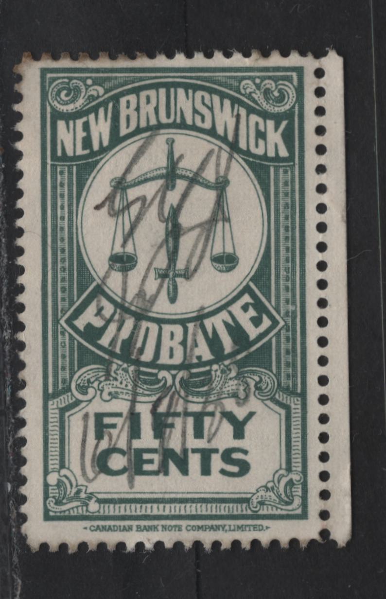 Lot 323 (C) New Brunswick #NBP16 50c Green Scales, 1934 BCBN Probate Issue, A Very Fine Used Single, Full Imprint, Including Graphics