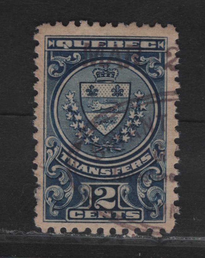 Lot 324 (C) Quebec #QST1 2c Blue Coat-of-Arms, 1907 Stock Transfer Issue, A Fine Used Single, One Pulled Perf