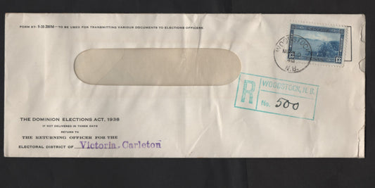 Lot 326 (C) Canada #242 13c Blue Halifax Harbor, 1938 Pictorial Issue, A Very Fine Used Cover, Single Use On 1940 Registered Election Window Envelope, District Of Victoria-Carleton