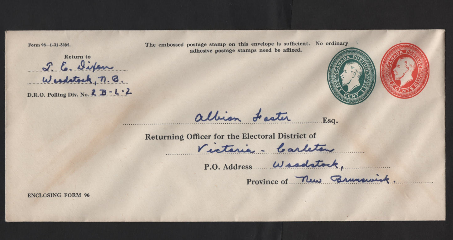 Lot 327 (C) Canada #UE4 2c+1c Red & Green King George V, 1931 Election Issue, A Very Fine Used Cover, Stamp Impressions