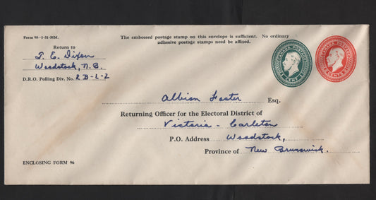 Lot 327 (C) Canada #UE4 2c+1c Red & Green King George V, 1931 Election Issue, A Very Fine Used Cover, Stamp Impressions